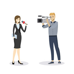 Beautiful female reporter with microphone and cameraman isolated on white background.