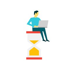 Businessman with laptop sitting on a big hourglass. Time management concept