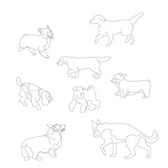 Set of black and white multiple breed dogs, corgi, retriever, shepherd, terrier, spaniel. Isolated on white background. Flat style cartoon stock vector illustration..