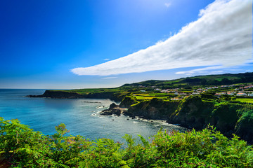 the cliff and the ocean, panorama of the coast in azores islands. portugal - 287158675
