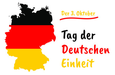 German Unity Day (Tag der Deutschen Einheit) vector greeting card with country silhouette and congratulatory tricolor text. Germany map country silhouette vector drawing template for your design.