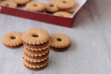 Closeup of delicious chocolate tea biscuits at light wooden background
