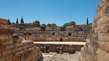 Ruins of the splendid amphitheater, part of archaeological ensemble of Italica, city with a...