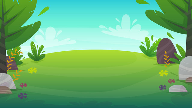 green grass meadow at park or forest trees and bushes flowers scenery background , nature lawn ecology peace vector illustration of forest nature happy funny cartoon style landscape