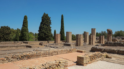 Ruins of Domus de la Exedra, part of archaeological ensemble of Italica, city with a strategic role in the Roman Empire, birthplace of Emperors Trajan and Hadrian, in Santiponce, Seville, Spain