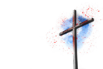 Wooden cross sketch with blood drops over white background isolated
