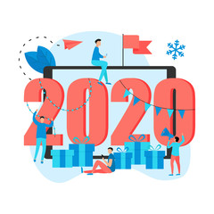 Happy New Year 2020 concept, greeting card with people character in tablet screen. Webpage and banner template..