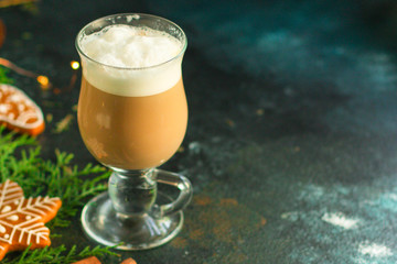 coffee, festive christmas mood (cappuccino, new year holidays) concept top. food background. copy space