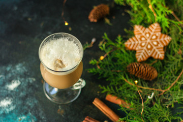 coffee, festive christmas mood (cappuccino, new year holidays) concept top. food background. copy...
