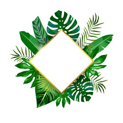 Fototapeta na wymiar Golden rhombus and tropical leaves, palms, monstera leaf, floral vector background