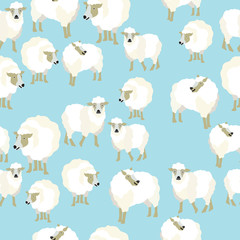 White lamb seamless pattern on blue background. 