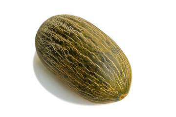 ripe ellipsoid yellow, green fragrant melon, isolate, photograph, close-up, copy space