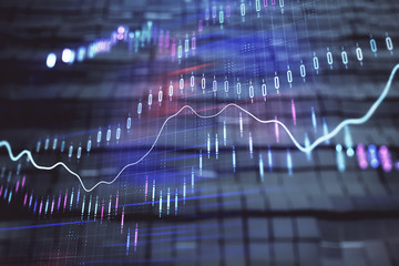 Financial chart hologram with abstract background. Double exposure. Concept of market analysis