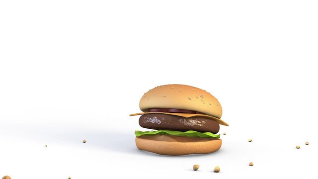 Delicious hamburger with view flying slow motion 3d video with graphic animation