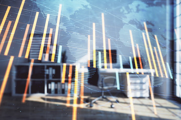 Forex chart hologram with map and minimalistic cabinet interior background. Double exposure. International business concept.