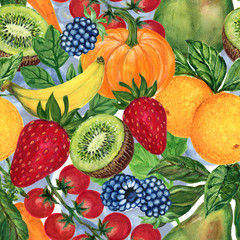 Watercolor Vegetable and fruit for clean eating healthy style seamless pattern set hand painted illustration gouache