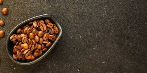 coffee beans drink and sprinkle coffee on the table. food background. top. copy space