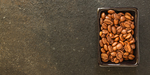 coffee beans drink and sprinkle coffee on the table. food background. top. copy space