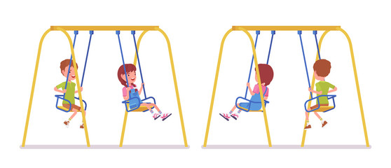 Boy and girl child 7 to 9 years old on swings at park or garden. Children enjoy, outdoor playground, backyard fun. Vector flat style cartoon illustration isolated on white background, front, rear view