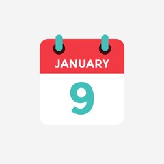 Flat icon calendar 9 January. Date, day and month. Vector illustration.