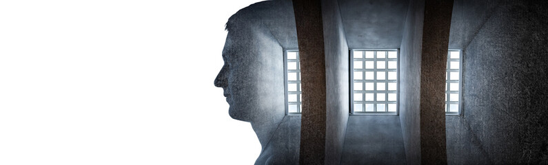 Silhouette of a male prisoner on the background of a prison cell. Conceptual background on the topic of law and order, psychology, medicine. The symbol is not freedom, totalitarianism, dictatorship. - obrazy, fototapety, plakaty