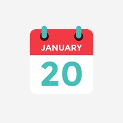 Flat icon calendar 20 January. Date, day and month. Vector illustration.