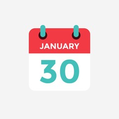 Flat icon calendar 30 January. Date, day and month. Vector illustration.