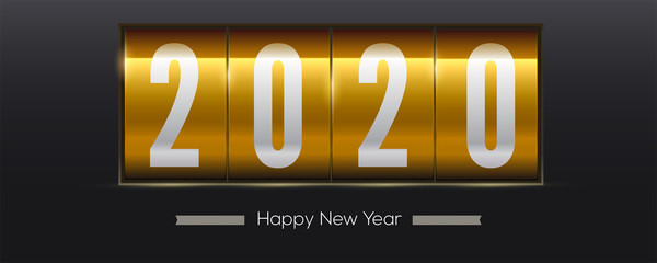 Countdown to new year 2020. Golden retro mechanical clock on black background. Template of vintage greeting cards. Counting moment of onset Christmas or New Year 2020. Vector 3d illustration