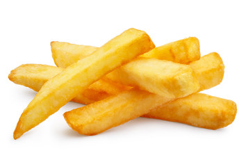 Close-up of delicious french potato fries, isolated on white background