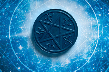 blue esoteric astrology horoscope background with magic pentagram 