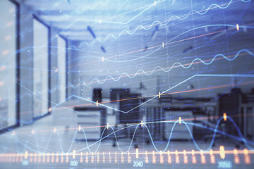 Stock and bond market graph with trading desk bank office interior on background. Multi exposure. Concept of financial analysis