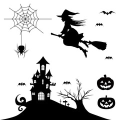ハロウィン・シルエット素材・魔女・かぼちゃ・お城・木・お化け屋敷のイラスト © 可愛い動物素材屋さんILOHACO