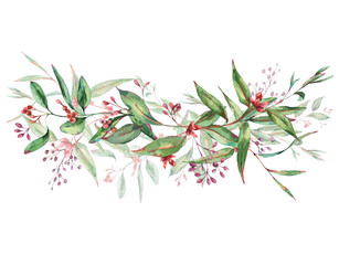 Watercolor Blooming Eucalyptus Wreath, Natural Frame, Wedding Invitation