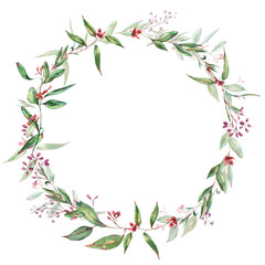 Fototapeta premium Watercolor Blooming Eucalyptus Wreath, Natural Round Frame, Wedding Invitation