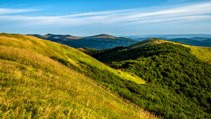 Sunny summer day in the mountains. Photo from Wielka Rawka in the Bieszczady Mountains. Poland.