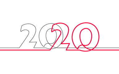 2020 New Year single continuous line art. Holiday greeting card headline decoration. Date numbers concept design. One sketch outline drawing white vector illustration