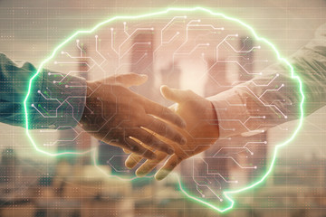 Multi exposure of human brain drawing on city view background with handshake. Concept of brainstorm