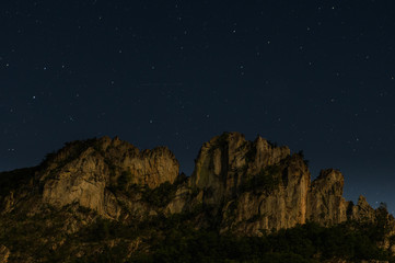 Seneca Rocks by Moonlight with  Perseid Meteor