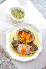 Sea Crab Egg Pickled Fish Sauce with green spicy Thai style  sauce,Angle view.