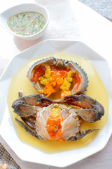 Sea Crab Egg Pickled Fish Sauce with green spicy Thai style  sauce,Angle view.