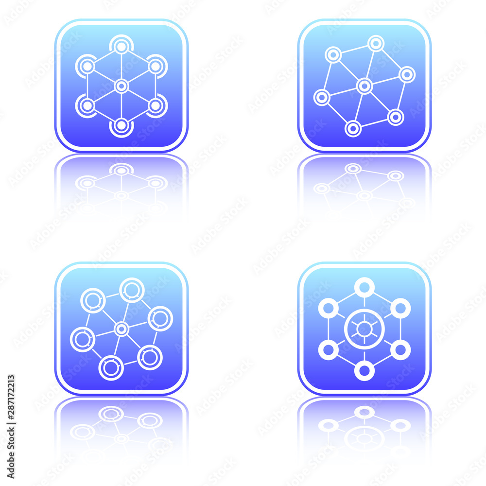 Poster set of tech hexagonal geometrical signs with reflection.