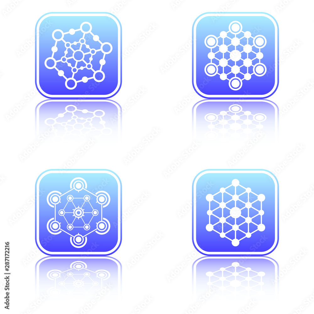 Poster set of tech hexagonal geometrical signs with reflection.