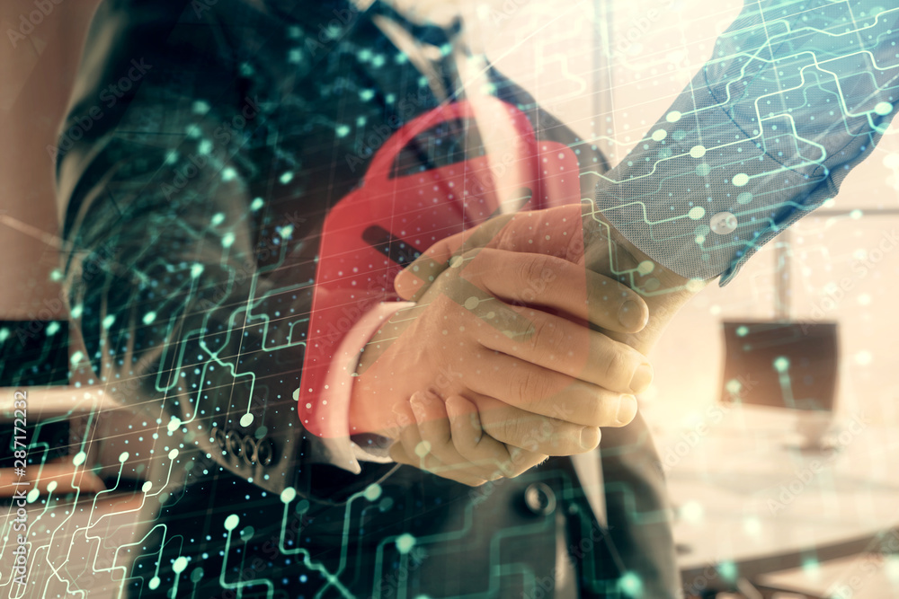 Poster double exposure of lock icon hologram on office background with two men handshake. concept of data s