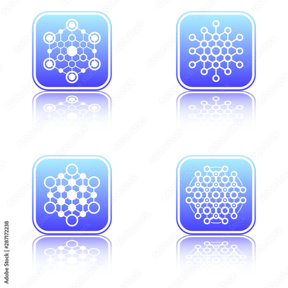 Poster set of tech hexagonal geometrical signs with reflection.