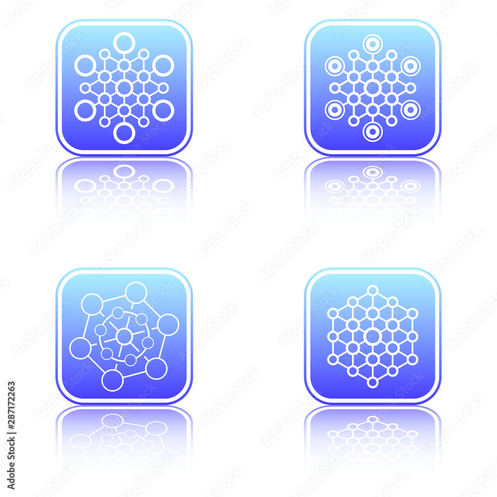Poster set of tech hexagonal geometrical signs with reflection.