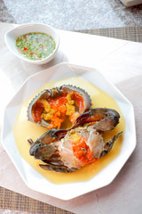 Sea Crab Egg Pickled Fish Sauce with green spicy Thai style  sauce,Angle view.