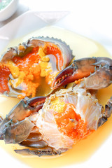 Close-up Black Sea Crab Egg Pickled Fish Sauce with green spicy Thai style  sauce,Angle view.