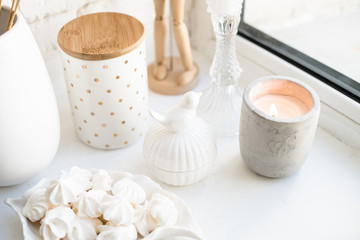 Obraz na płótnie Canvas White real home decor, ceramic interior details with vases and candles
