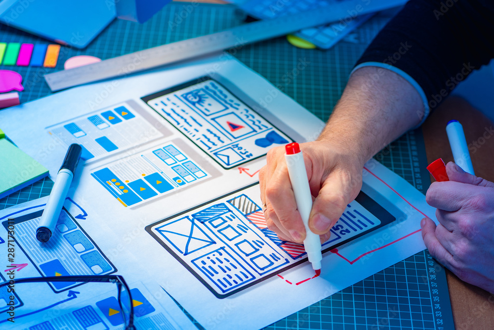 Poster ux ui designer. graphic designer draws apps. design a personal account in the application. design pr