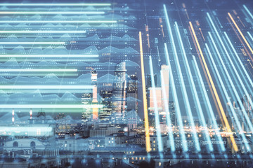 Double exposure of financial chart on Moscow city downtown background. Concept of stock market analysis